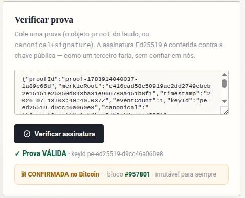 Recibo de consentimento verificado — assinatura válida e confirmada no Bitcoin